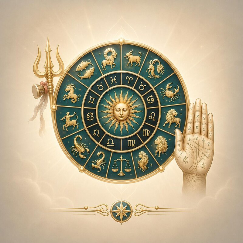 Fate N Stars — zodiac wheel emblem with sun and palm